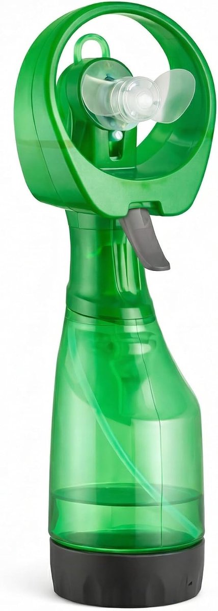 Sproeifles met ventilator, draagbare sproeiventilator, werkt op batterijen, koeling voor onderweg, ideaal voor warme dagen, verfrissende spray en koele luchtstroom, licht en handig (groen)