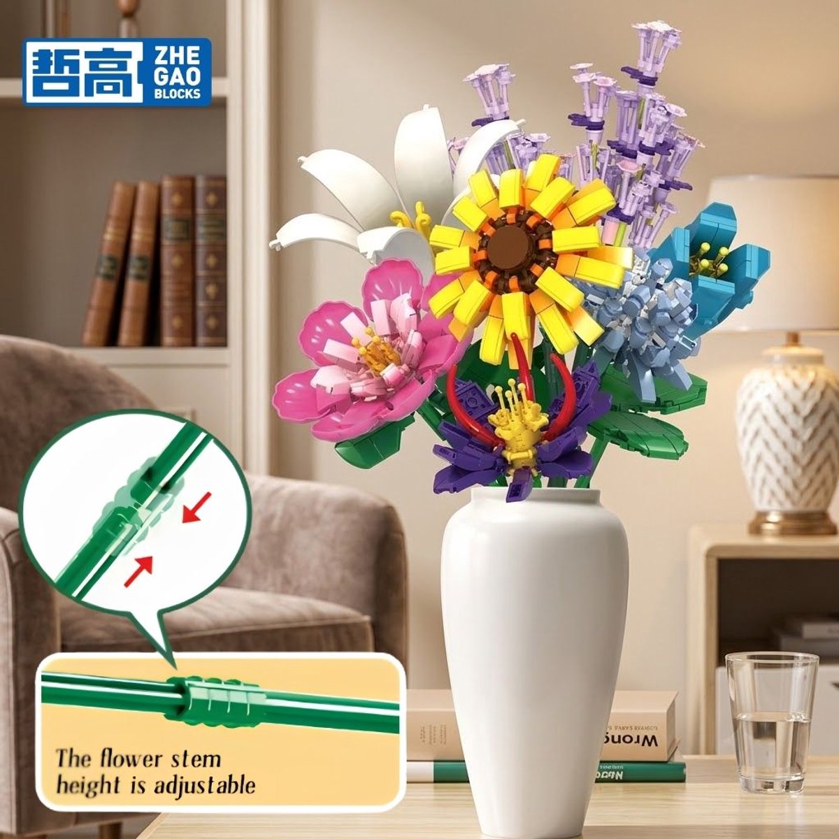Zhe Gao 11053 Cluster Boeket bloemen bouwset | Botanical Flowers Collection modelbouw | Classic Creator STEM speelgoed bouwpakket voor volwassenen en kinderen | Educatief decoratie kunstbloemen niet geschikt voor Lego | bouwdoos met 1064 bouwstenen — afbeelding 10