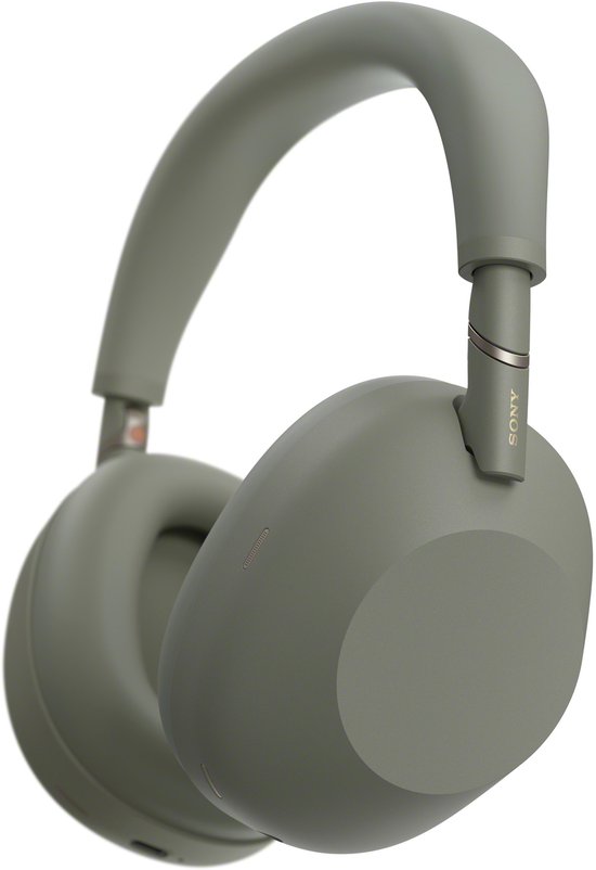Olijfgroene Sony WH-1000XM6 koptelefoon, van voren gezien met de hoofdband omhoog.