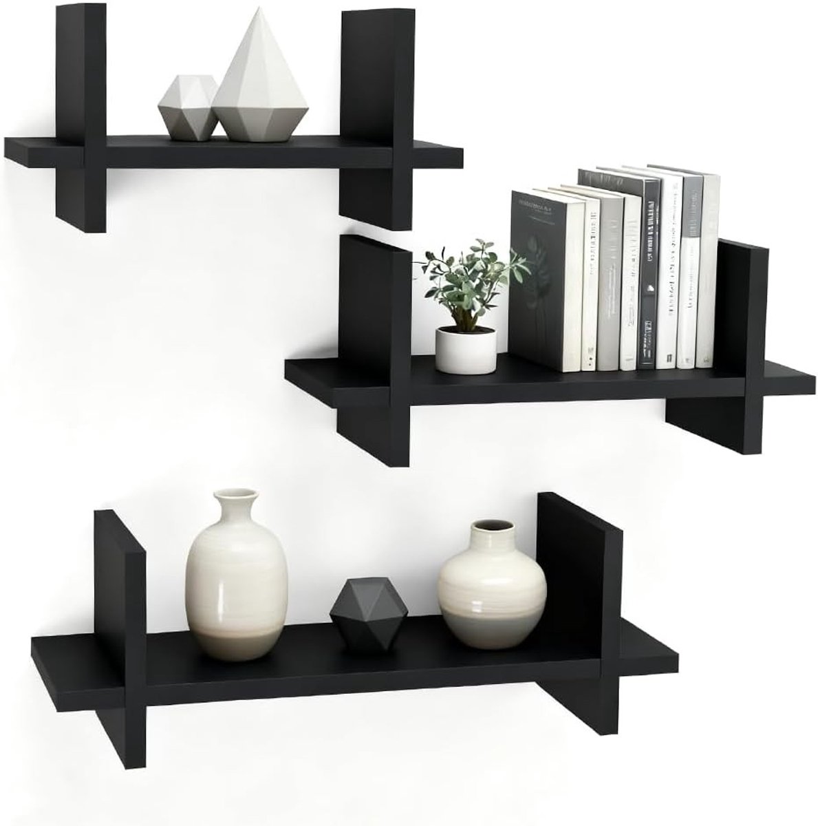 SnelShoppen - Set van 3 Wandplanken Massief Hout - Zwevende Boekenkast in Industrieel Design - Hangplanken voor Foto's, Boeken en Decoratie - Zwart 26