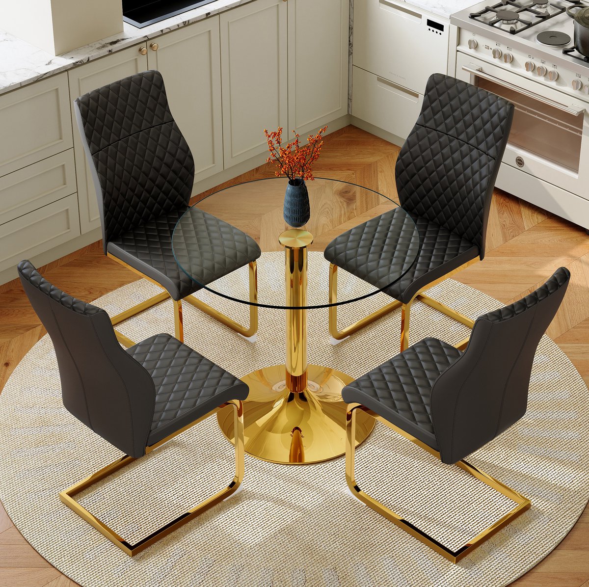REDOM - Tafel- en stoelenset - Ronde tafel van gehard glas - Gouden metalen onderstel - 4 eetkamerstoelen - Moderne stijl - Zwart Goud Transparant - 85 x 76 cm