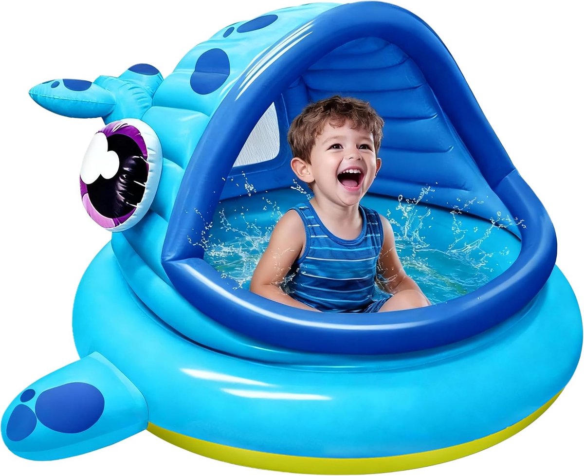 Opblaasbaar kinderbadje met zonnebescherming, walvis, babyzwembad met dak (1,42 m x 1,37 m x 0,71 m), voor zomer, blow-up zwembad, zwembadspeelgoed