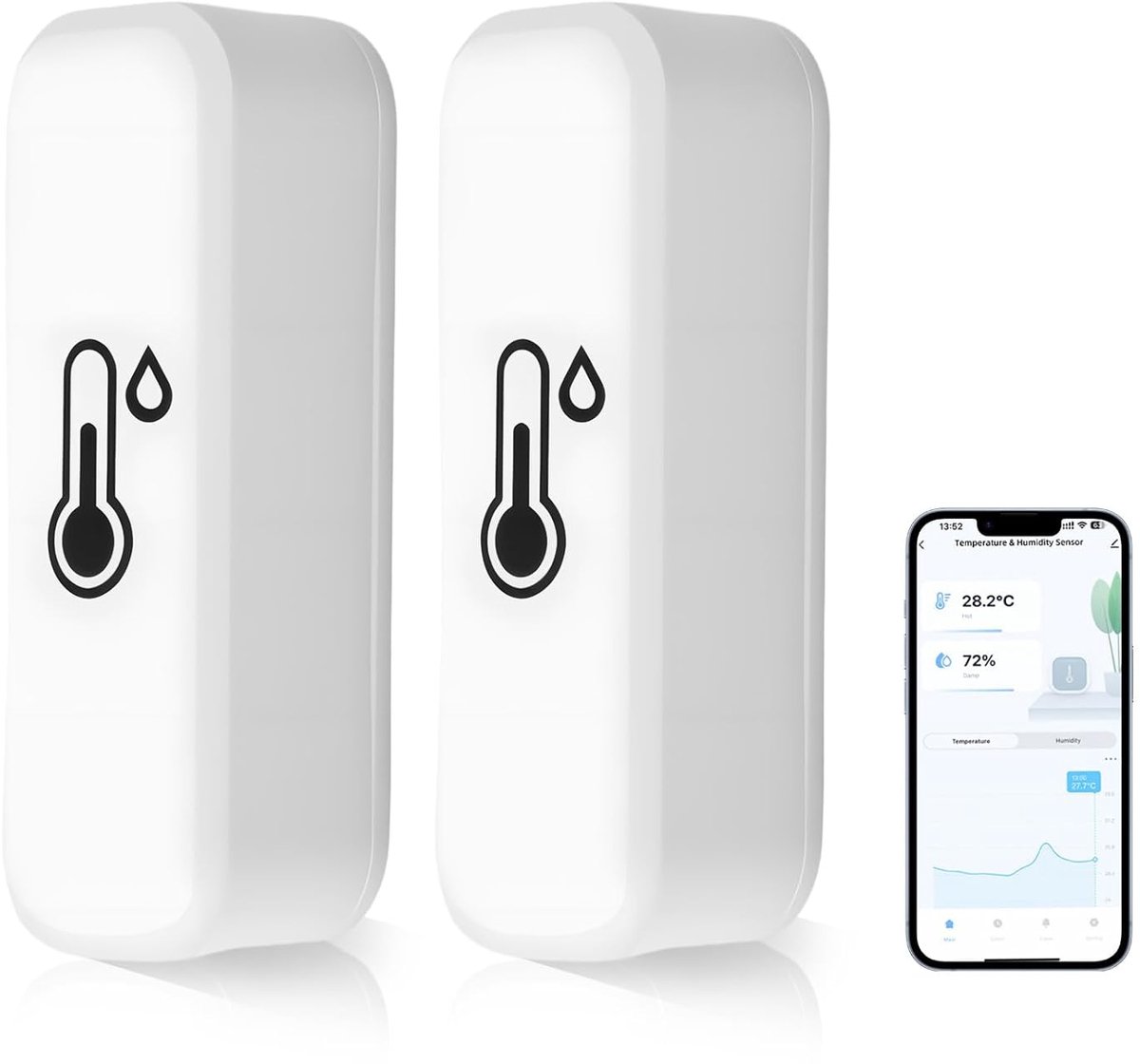 Temperatuur- en vochtigheidssensor voor thuis, thermometer, hygrometer, 2 stuks | WLAN, Bluetooth, compatibel met Alexa Google Home, real-time bewaking van app en gegevensopname