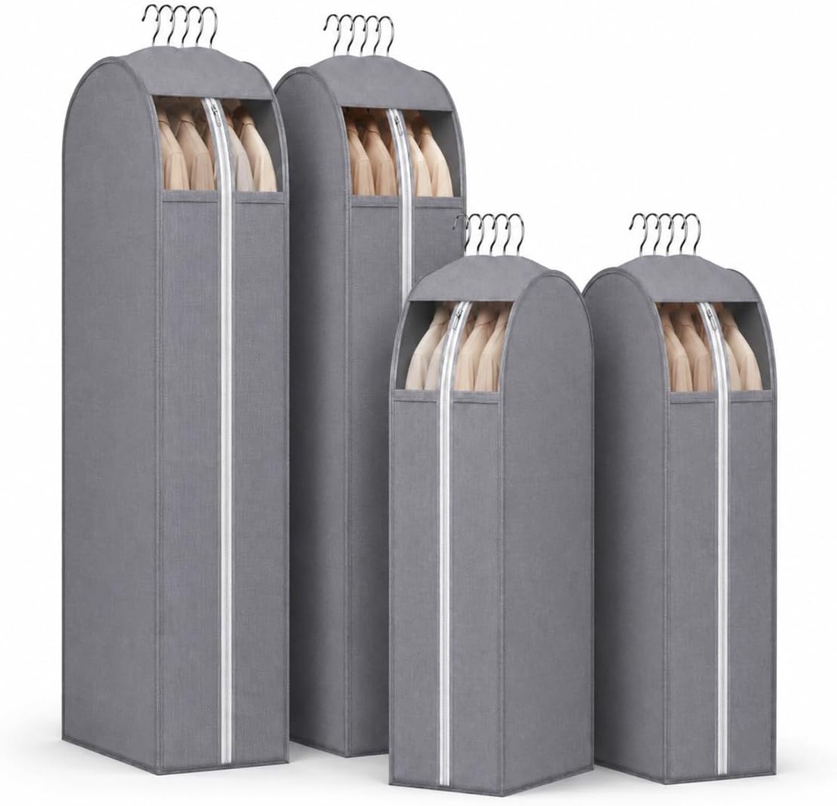 Kledingzakken, 4 stuks, 60 x 127 cm en 60 x 153 cm, kledingzakken met ritssluiting en kijkvenster, opvouwbare kledingzak, stofdicht, mottenbestendig, kledinghoes voor pak, jurken, mantels