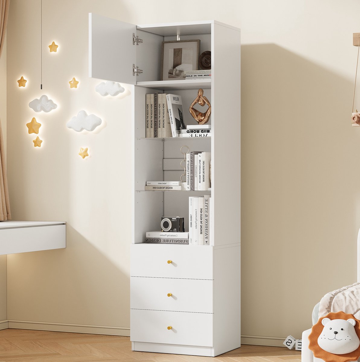 Vitrinekast Met Verstelbare Glazen Planken 50 X 40 X 180 Cm MDF Wit Met Lades En Open Opbergvak