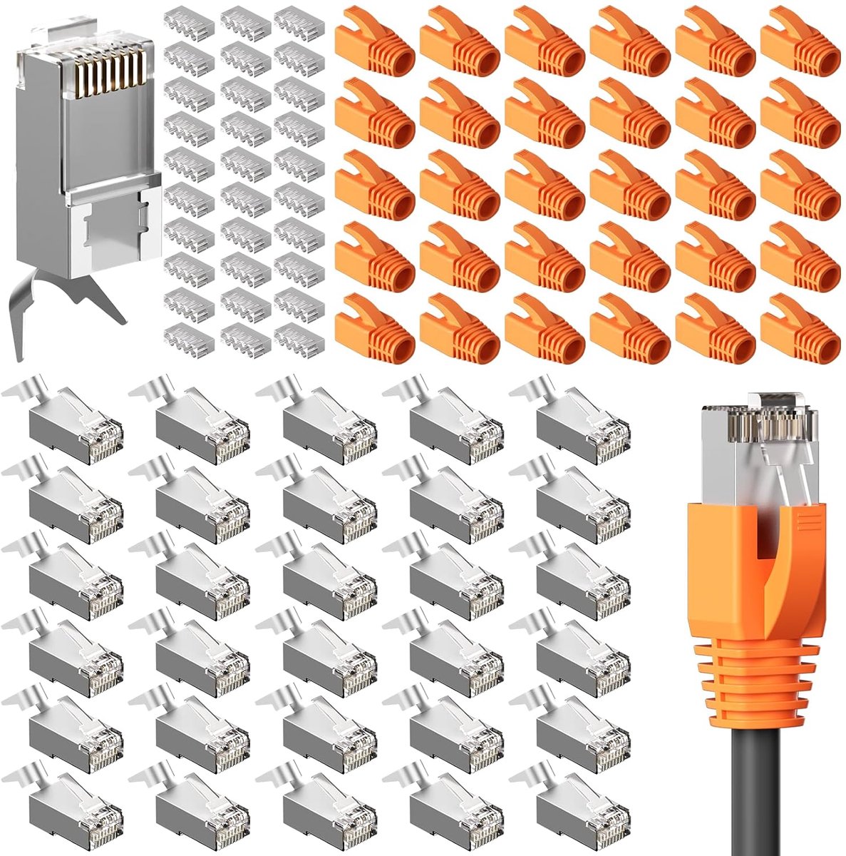 30 stuks RJ45-stekkers CAT 7 CAT 6A, Cat7 Cat6A Pass Through netwerkstekker met inrijghulp en knikbescherming, LAN-kabelstekker voor installatiekabel, AWG23 POE, connector met trekontlasting voor