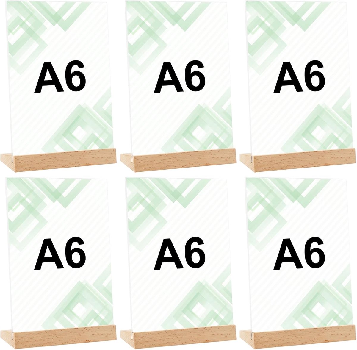 Set van 6 A6 acrylhouders met houten basis, tafelstandaard voor