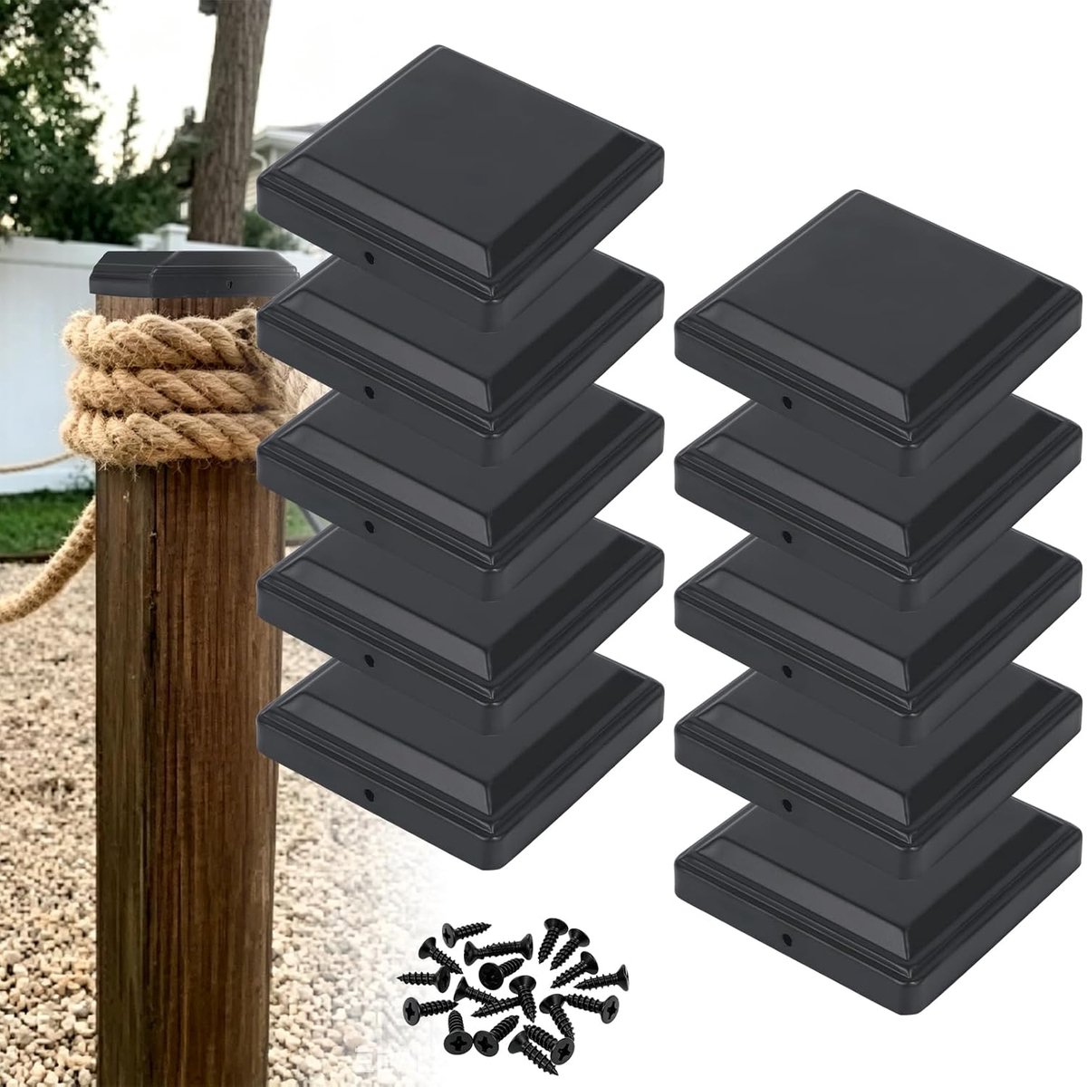 7 x 7 cm, 10 stuks zwarte metalen paaldoppen, weerbestendige