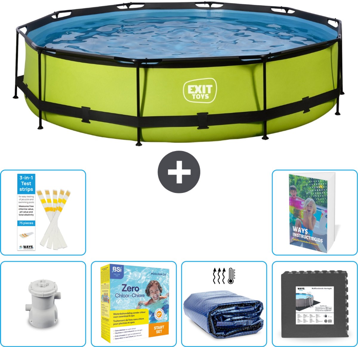 EXIT Rond Lime Frame Zwembad - 360 x 76 cm - Inclusief Pomp - Onderhoudspakket - Solarzeil - Vloertegels - 7-delig