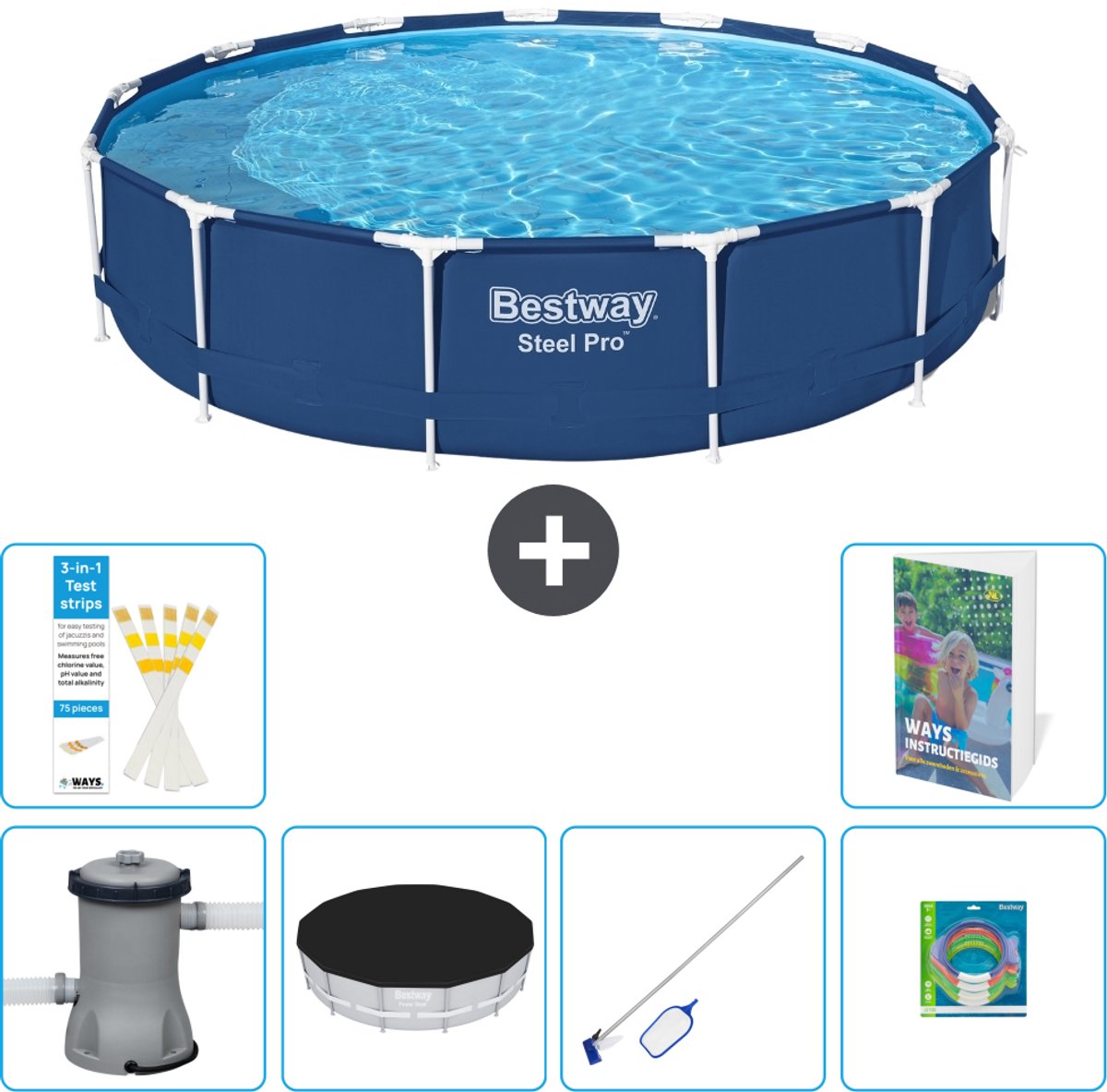 Bestway Rond Steel Pro Zwembad - 396 x 84 cm - Blauw - Inclusief Pomp - Afdekzeil - Schoonmaakset - Speelgoed - 7-delig