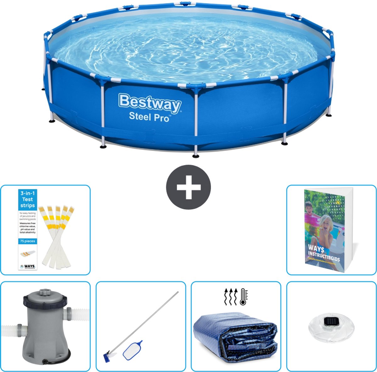 Bestway Rond Steel Pro Zwembad - 366 x 76 cm - Blauw - Inclusief Pomp - Schoonmaakset - Solarzeil - Verlichting - 7-delig