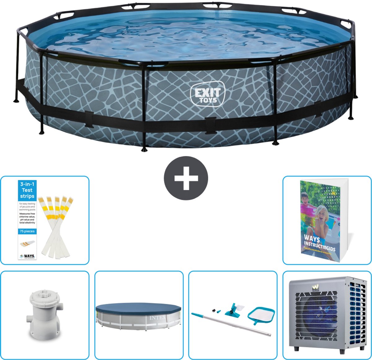 EXIT Rond Stone Frame Zwembad - 360 x 76 cm - Inclusief Pomp - Afdekzeil - Schoonmaakset - Warmtepomp - 7-delig