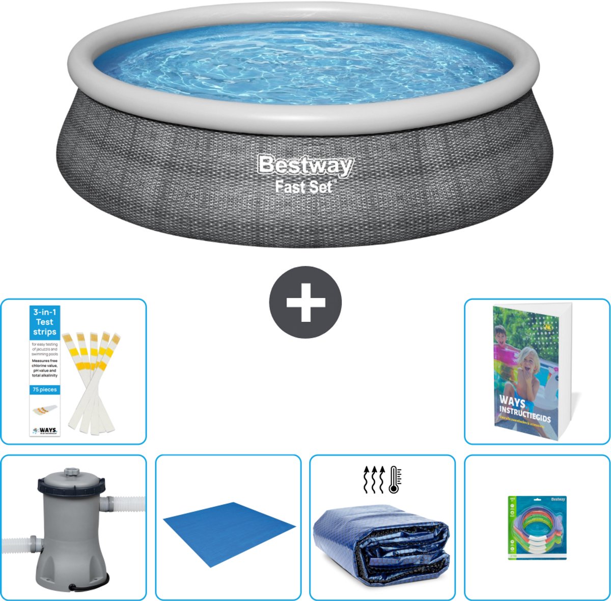 Bestway Rond Opblaasbaar Fast Set Zwembad - Rotanprint - 457 x 84 cm - Inclusief Pomp - Grondzeil - Solarzeil - Speelgoed - 7-delig