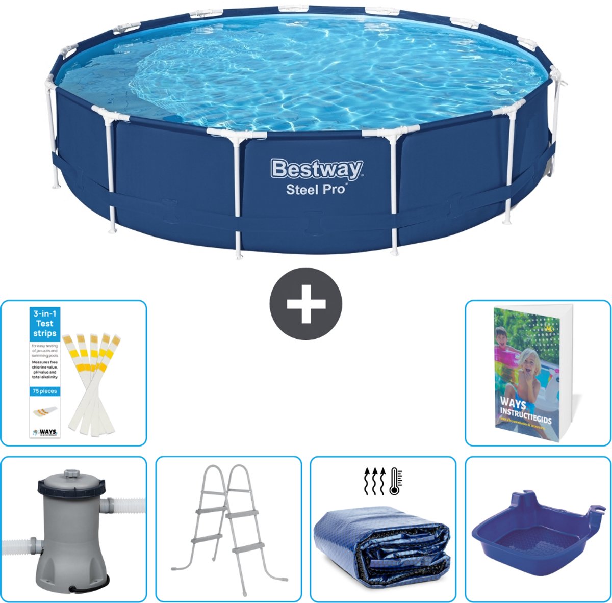 Bestway Rond Steel Pro Zwembad - 396 x 84 cm - Blauw - Inclusief Pomp - Ladder - Solarzeil - Voetenbad - 7-delig