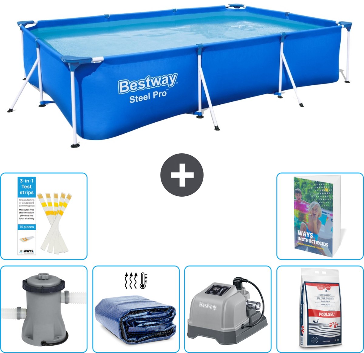 Bestway Rechthoekig Steel Pro Zwembad - 300 x 201 x 66 cm - Blauw - Inclusief Pomp - Solarzeil - Zoutwatersysteem - Zwembadzout - 7-delig