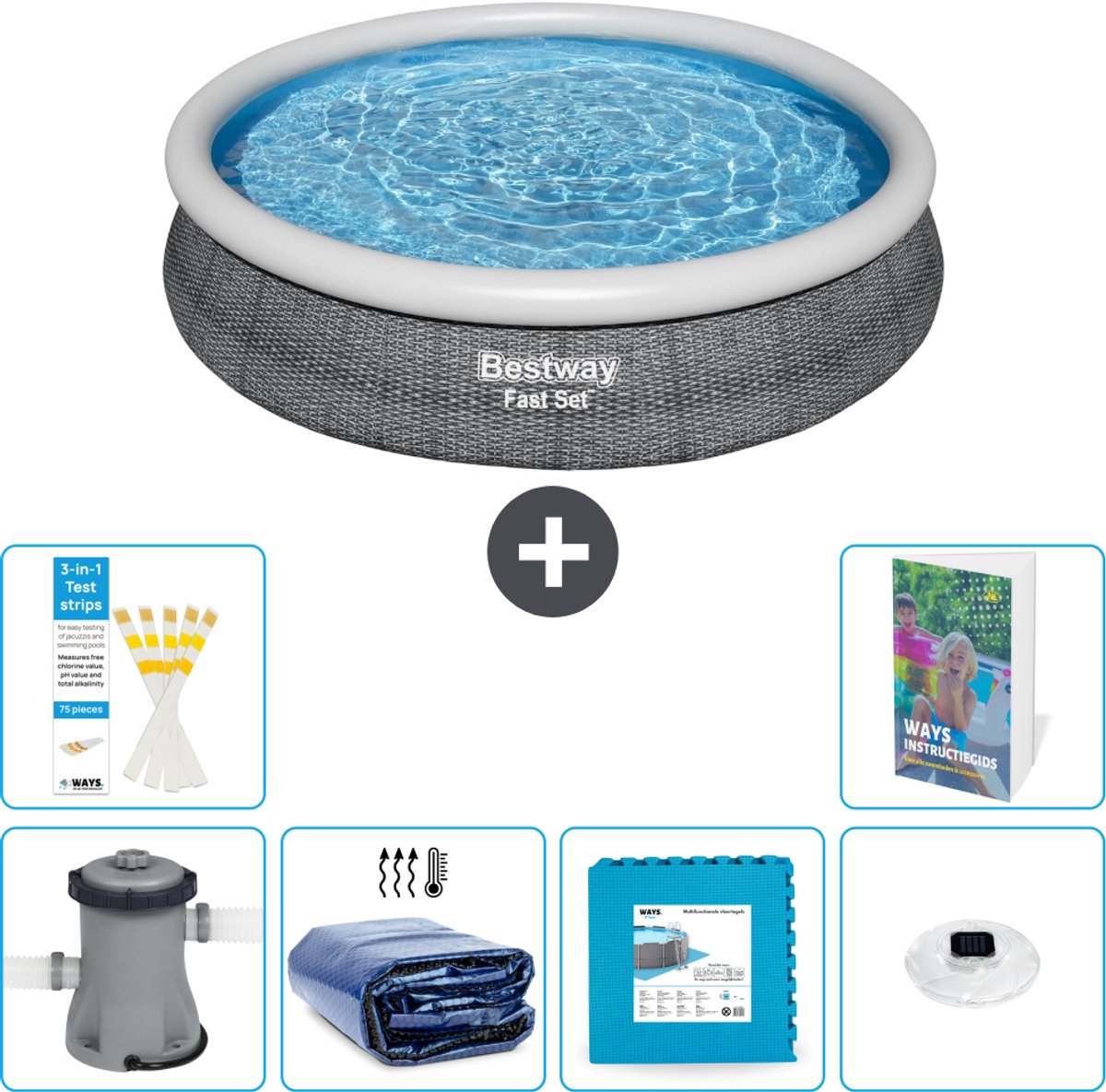 Bestway Rond Opblaasbaar Fast Set Zwembad - Rotanprint - 366 x 76 cm - Inclusief Pomp - Solarzeil - Vloertegels - Verlichting - 7-delig