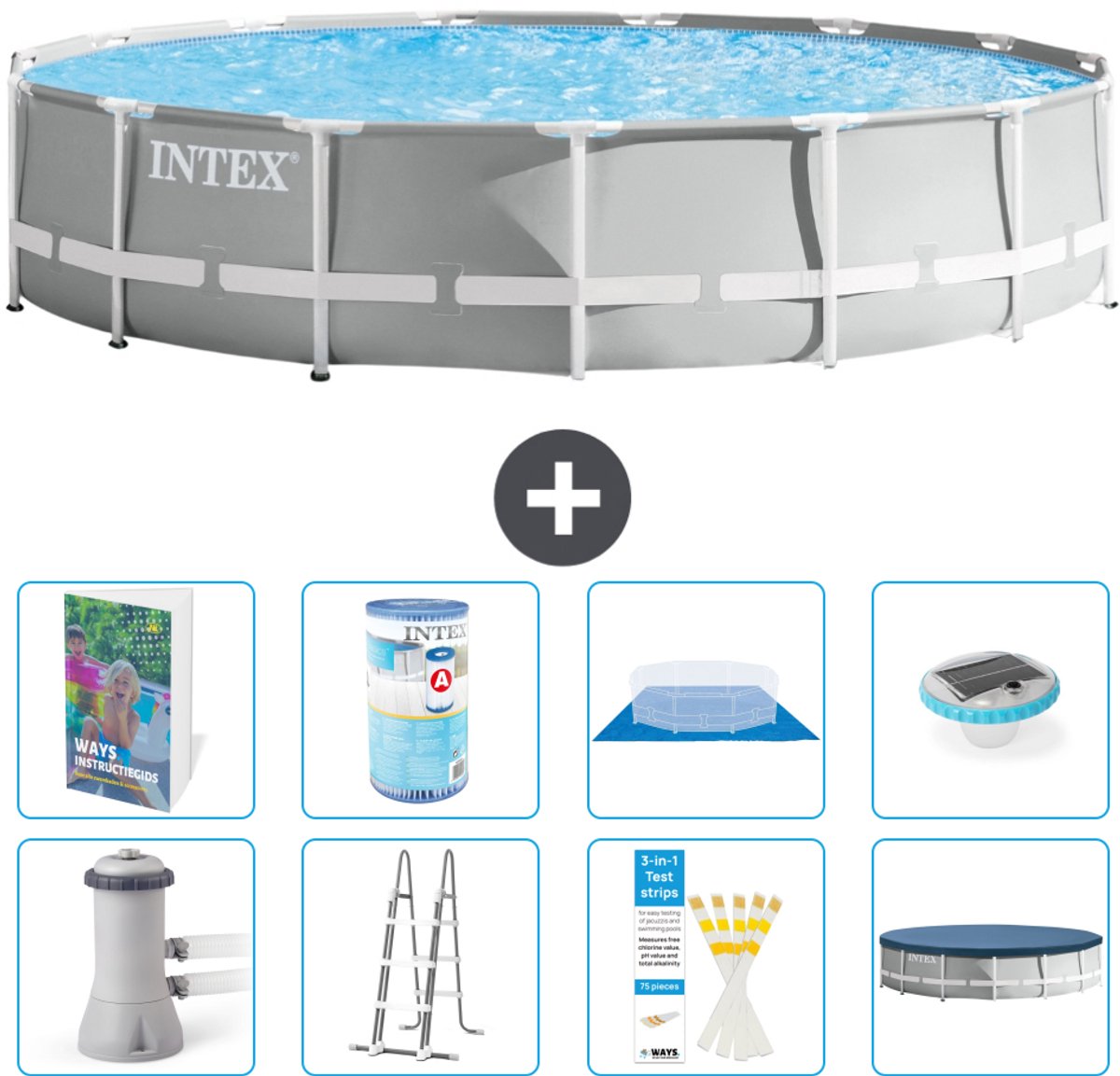 Intex Rond Prism Frame Zwembad - 457 x 107 cm - Grijs - Inclusief Pomp - Ladder - Grondzeil - Afdekzeil - Filter - Verlichting - 9-delig