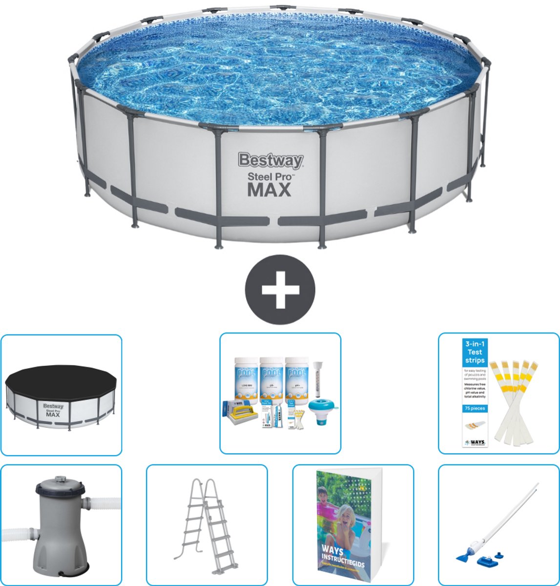 Bestway Rond Steel Pro MAX Zwembad - 457 x 122 cm - Grijs - Inclusief Pomp - Ladder - Afdekzeil - Onderhoudspakket - Stofzuiger - 8-delig