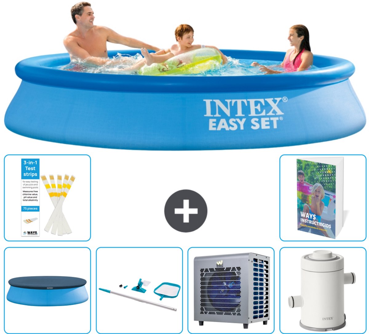 Intex Rond Opblaasbaar Easy Set Zwembad - 305 x 61 cm - Blauw - Inclusief Afdekzeil - Schoonmaakset - Warmtepomp - Zwembadfilterpomp - 7-delig