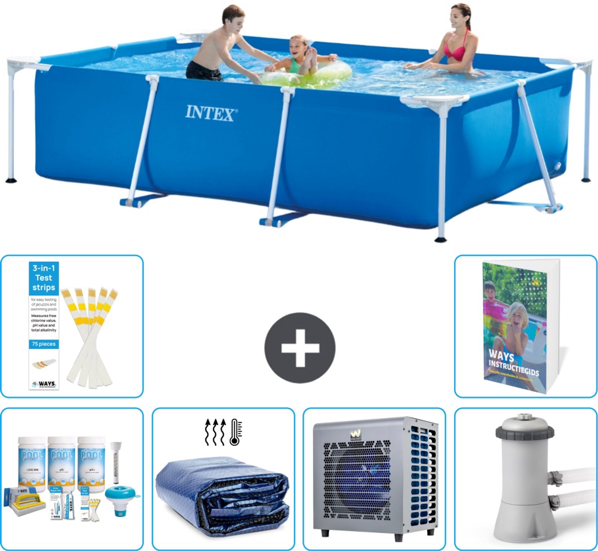 Intex Rechthoekig Frame Zwembad - 300 x 200 x 75 cm - Blauw - Inclusief Onderhoudspakket - Solarzeil - Warmtepomp - Zwembadfilterpomp - 7-delig