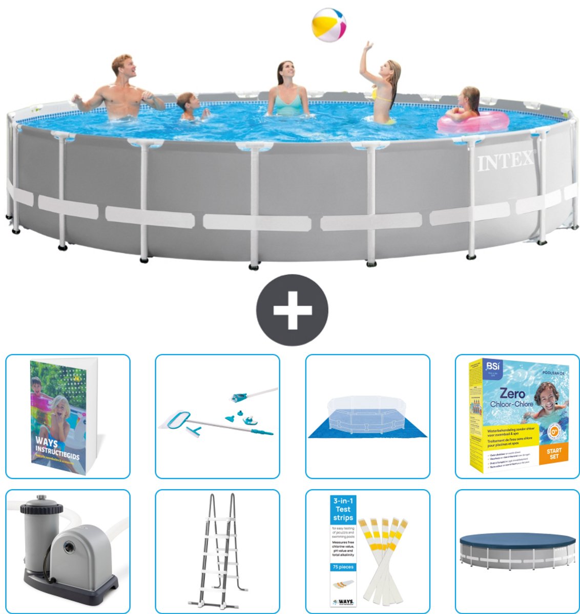 Intex Rond Prism Frame Zwembad - 610 x 132 cm - Grijs - Inclusief Pomp - Ladder - Grondzeil - Afdekzeil - Schoonmaakset - Onderhoudspakket - 9-delig