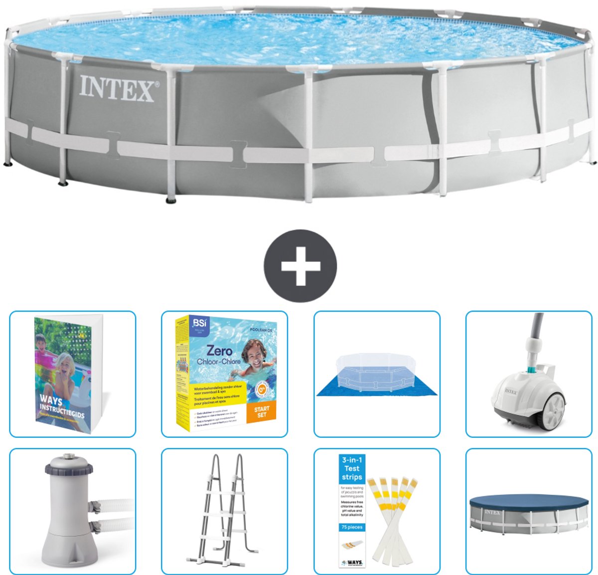 Intex Rond Prism Frame Zwembad - 457 x 107 cm - Grijs - Inclusief Pomp - Ladder - Grondzeil - Afdekzeil - Onderhoudspakket - Stofzuiger - 9-delig