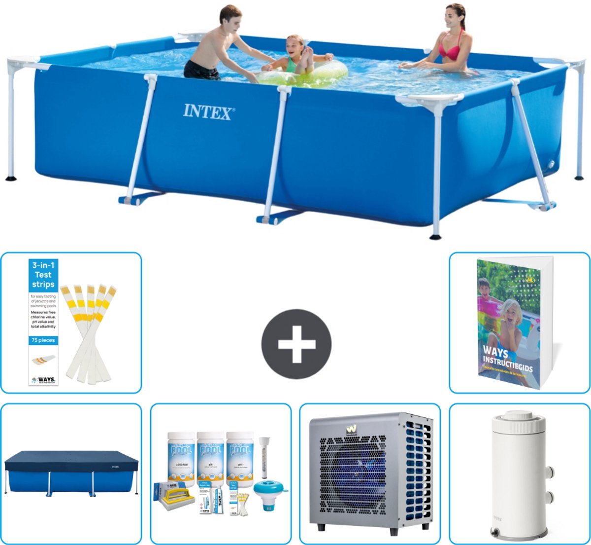 Intex Rechthoekig Frame Zwembad - 300 x 200 x 75 cm - Blauw - Inclusief Afdekzeil - Onderhoudspakket - Warmtepomp - Zwembadfilterpomp - 7-delig