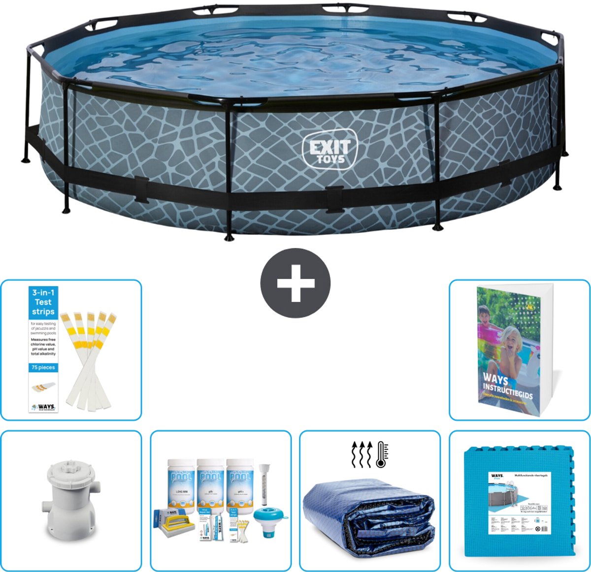 EXIT Rond Stone Frame Zwembad - 360 x 76 cm - Inclusief Pomp - Onderhoudspakket - Solarzeil - Vloertegels - 7-delig