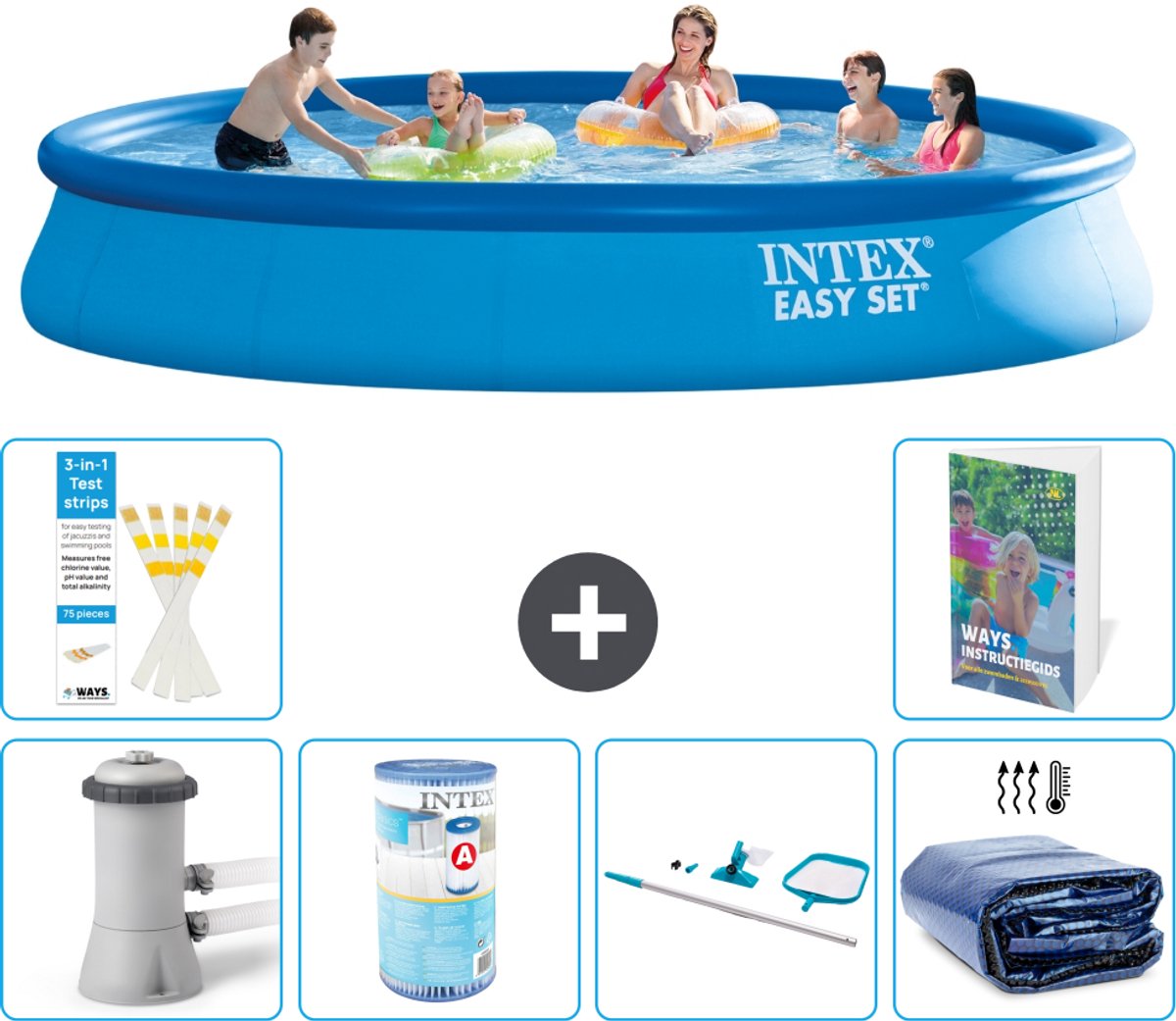 Intex Rond Opblaasbaar Easy Set Zwembad - 457 x 84 cm - Blauw - Inclusief Pomp - Filter - Schoonmaakset - Solarzeil - 7-delig
