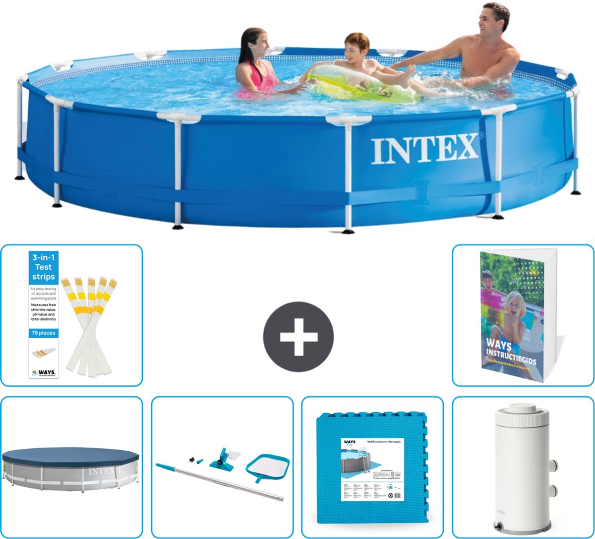 Intex Rond Frame Zwembad - 366 x 76 cm - Blauw - Inclusief Afdekzeil - Schoonmaakset - Vloertegels - Zwembadfilterpomp - 7-delig