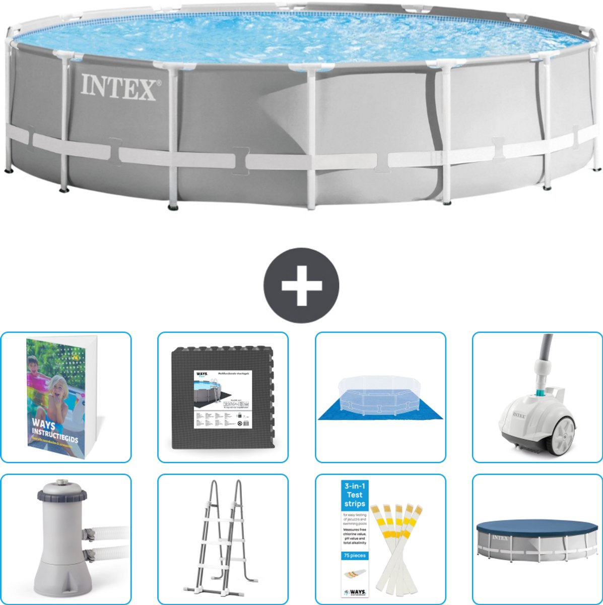 Intex Rond Prism Frame Zwembad - 427 x 107 cm - Grijs - Inclusief Pomp - Ladder - Grondzeil - Afdekzeil - Vloertegels - Stofzuiger - 9-delig