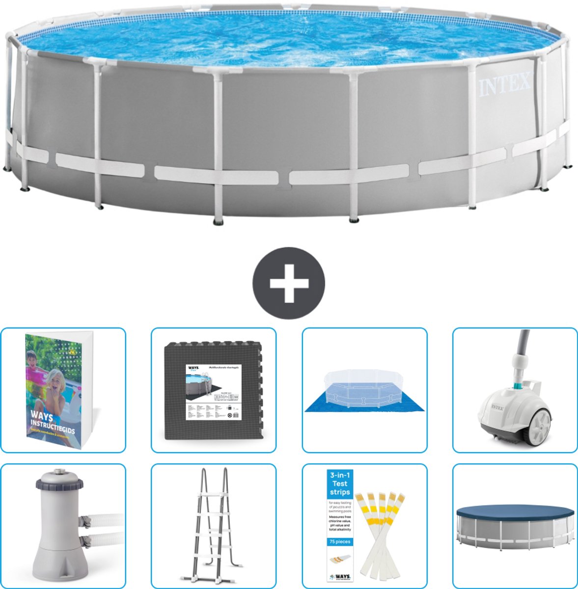 Intex Rond Prism Frame Zwembad - 457 x 122 cm - Grijs - Inclusief Pomp - Ladder - Grondzeil - Afdekzeil - Vloertegels - Stofzuiger - 9-delig