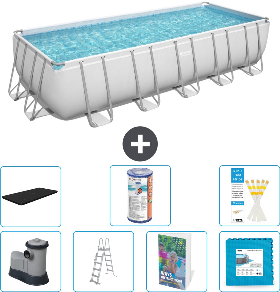 Bestway Rechthoekig Power Steel Zwembad - 640 x 274 x 132 - Grijs - Inclusief Pomp - Ladder - Afdekzeil - Filter - Vloertegels - 8-delig