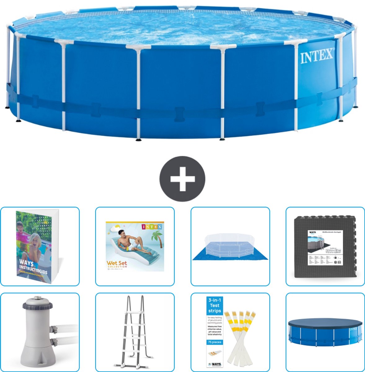 Intex Rond Frame Zwembad - 457 x 122 cm - Blauw - Inclusief Pomp - Ladder - Grondzeil - Afdekzeil - Loungebed - Vloertegels - 9-delig