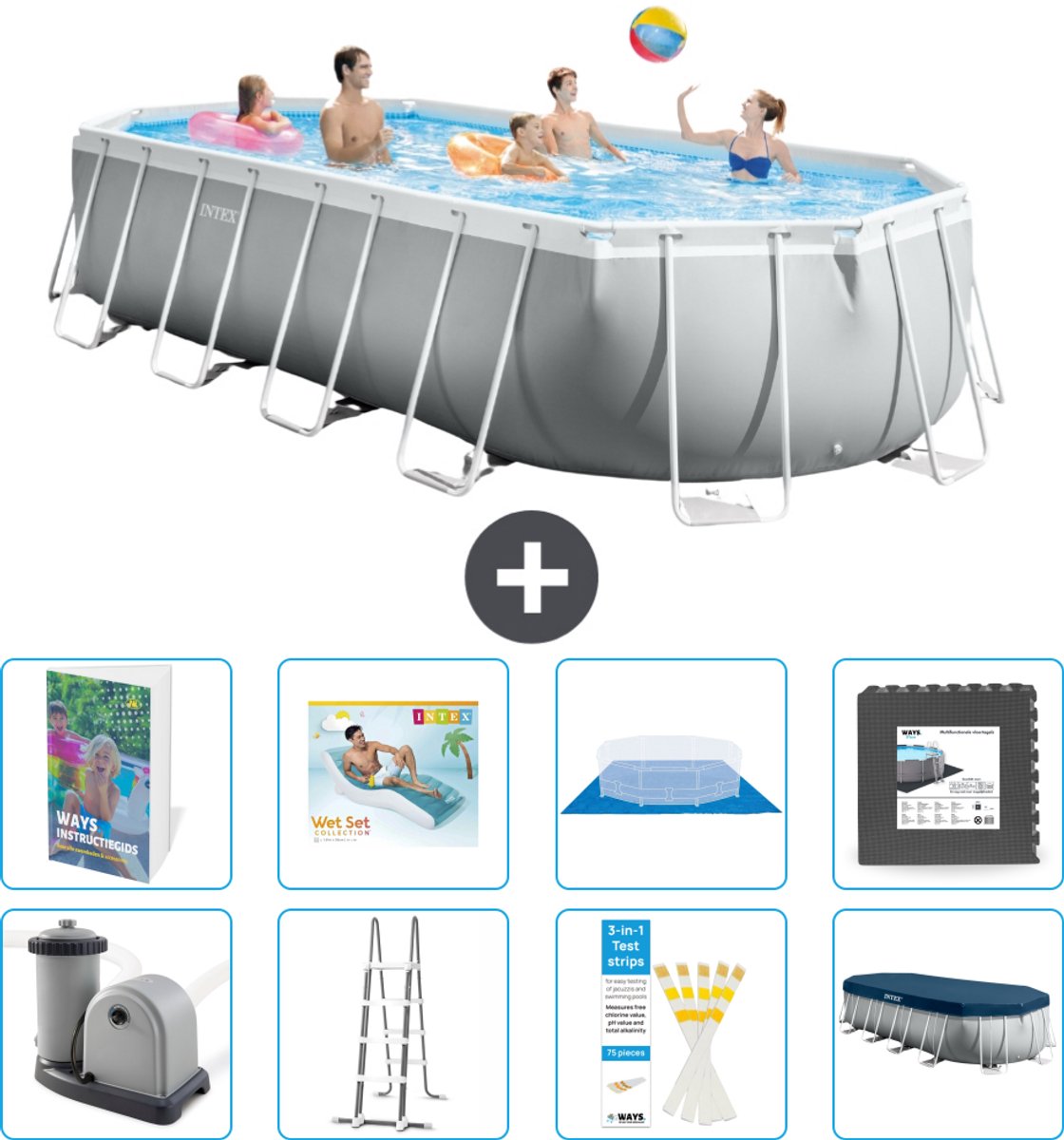 Intex Ovaal Prism Frame Zwembad - 610 x 305 x 122 cm - Grijs - Inclusief Pomp - Ladder - Grondzeil - Afdekzeil - Loungebed - Vloertegels - 9-delig