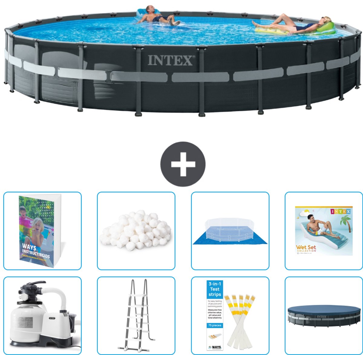Intex Rond Ultra XTR Frame Zwembad - 732 x 132 cm - Inclusief Pomp - Ladder - Grondzeil - Afdekzeil - Filterbollen - Loungebed - 9-delig
