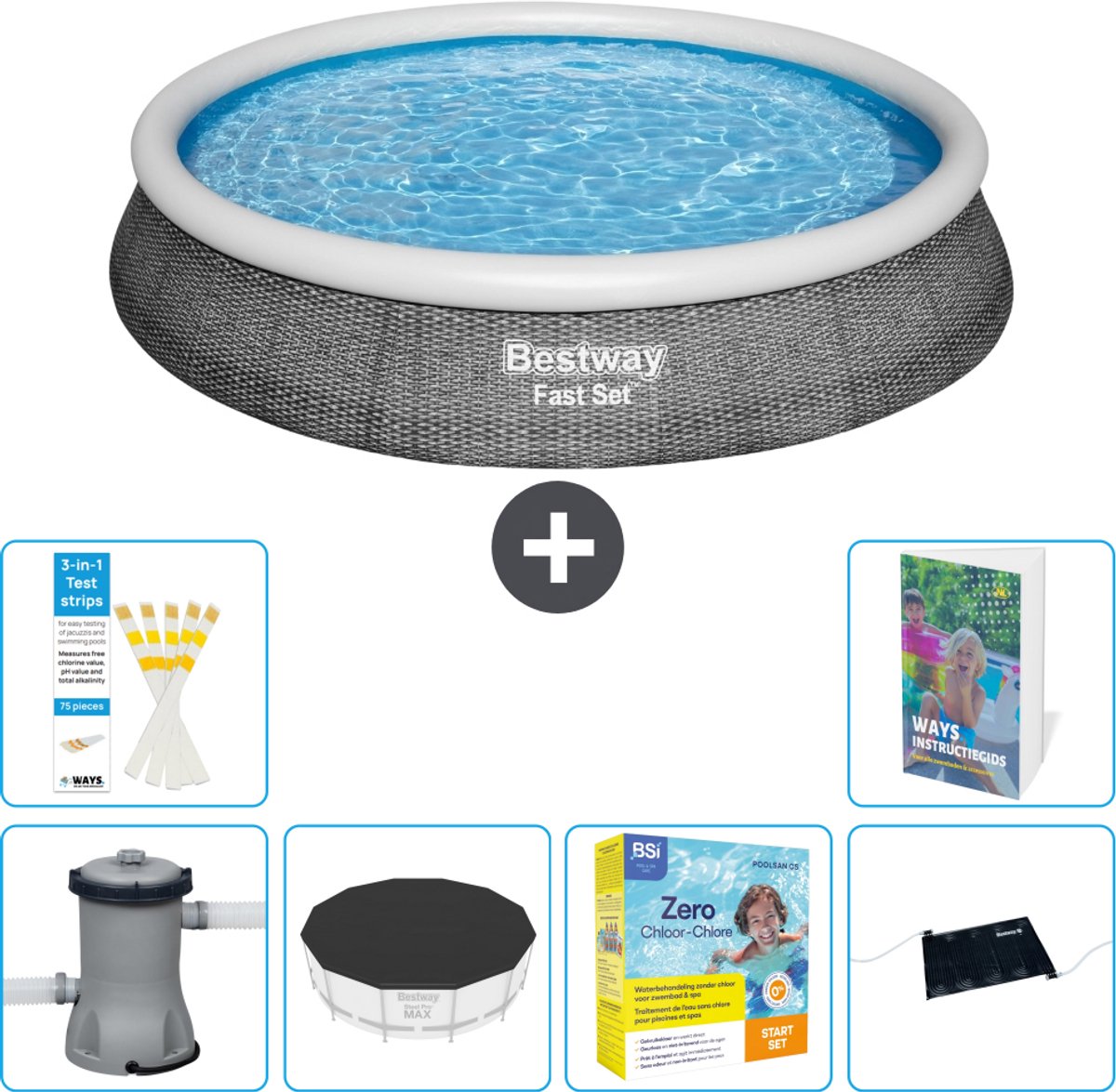 Bestway Rond Opblaasbaar Fast Set Zwembad - Rotanprint - 396 x 84 cm - Inclusief Pomp - Afdekzeil - Onderhoudspakket - Solar Mat - 7-delig