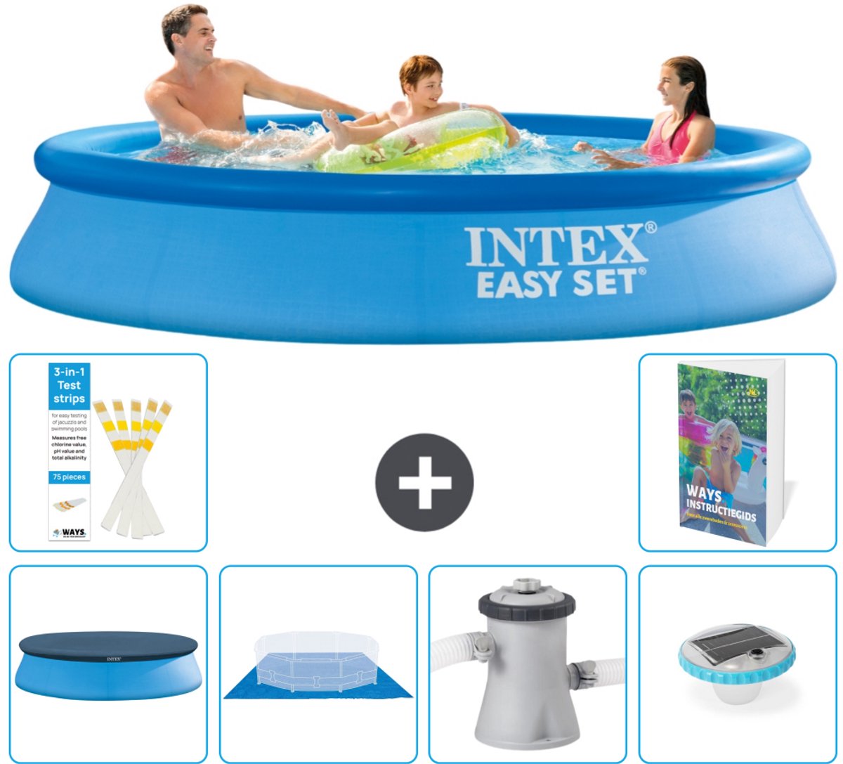 Intex Rond Opblaasbaar Easy Set Zwembad - 305 x 61 cm - Blauw - Inclusief Afdekzeil - Grondzeil - Zwembadfilterpomp - Verlichting - 7-delig
