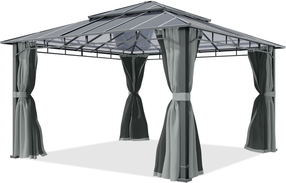 TOOLPORT Tuinpaviljoen 4x4 m, aluminium, polycarbonaat dak ca. 8 mm, grijs - met zijwanden en muggennetten