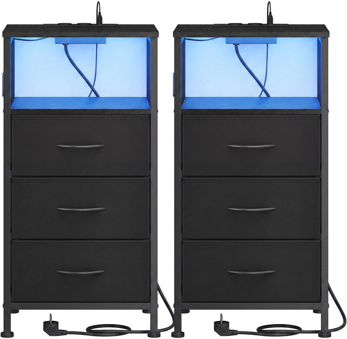 Nachtkastje met ledverlichting en oplaadstation - Nachtkastje met 3 lades en open vak - 30 x 39,6 x 75,9 cm - Zwart