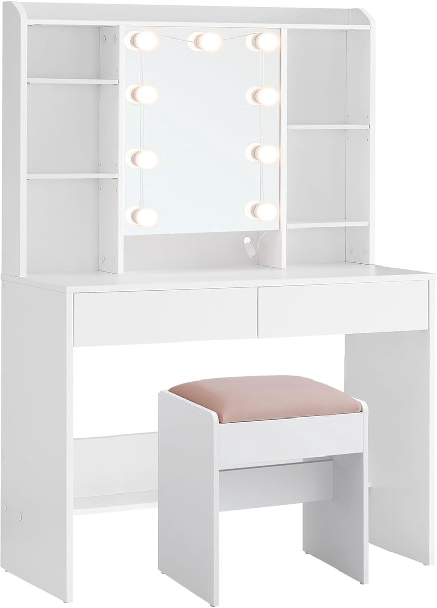Kaptafel met verlichting - Regelbare helderheid - Krukje - 40 x 80 x 140 cm - Wit