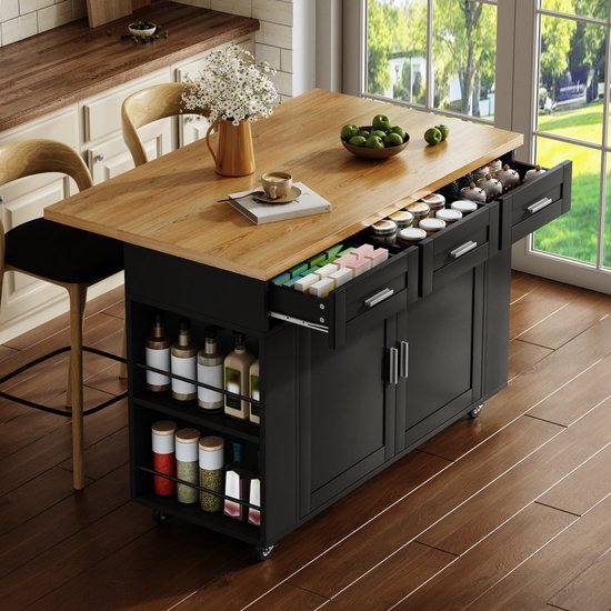 MIVRAY Keukenwagen - Mobiel Keukeneiland Met Opklapbaar Werkblad En Lades - Voor Keuken En Eetruimte - MDF - Zwart — afbeelding 5