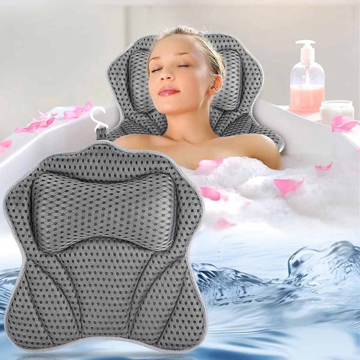 Badkussen met 2 Sterke Zuignappen, Badkussen voor Badkuip met 4D-Air-Mesh-Technologie, Nek met Ergonomische Pasvorm voor Nek, Rug, Badkuip en Home Spa