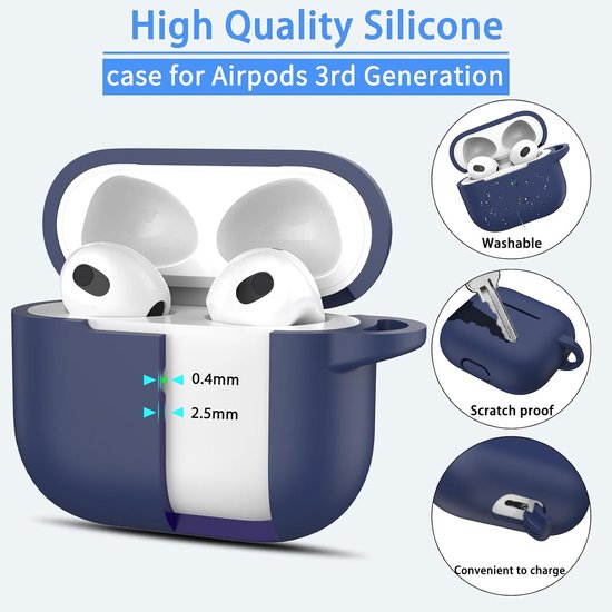 hoesje voor Airpods 3e generatie 2021, zachte siliconen beschermhoes voor Apple Airpods 3 met zichtbare LED aan de voorkant met reinigingsset, Middernachtblauw van hoesje — afbeelding 2