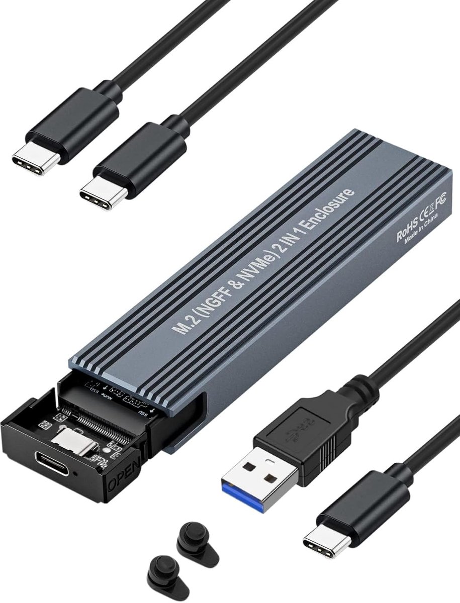 M.2 NVME SSD-behuizing USB 3.1 Gen 2 10 Gbps, SATA NGFF 6 Gbps, Gereedschapsvrije Met UASP & Trim, Voor M en M&B Key in 2230/2242/2260/2280