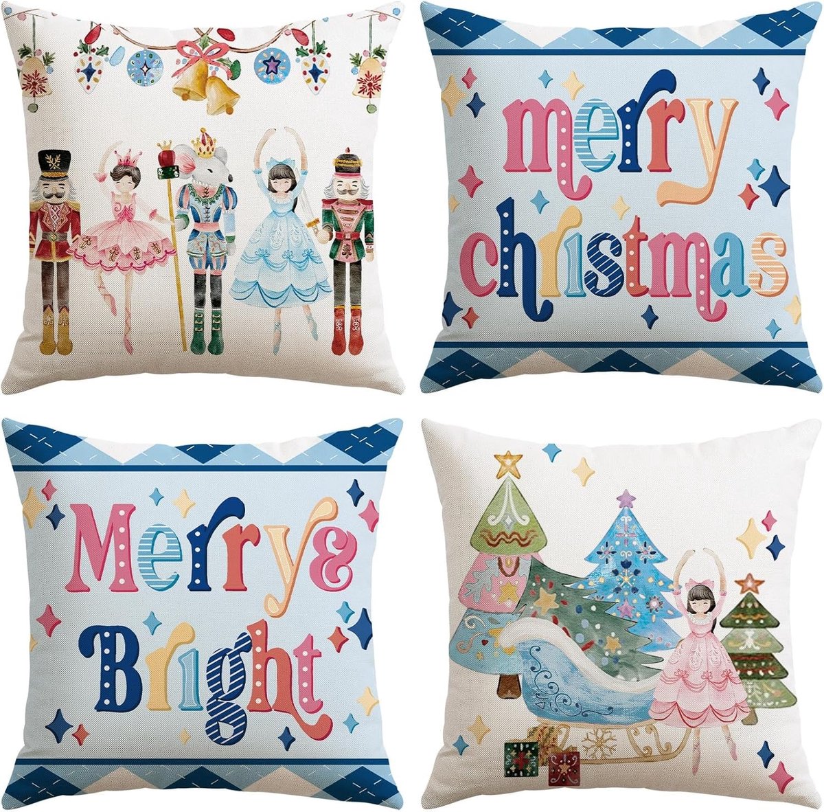 Set van 4 Decoratieve Kussenhoezen, Moderne Kussenhoezen voor Bank en Woonkamer, 45 x 45 cm, Nutcracker Blauw