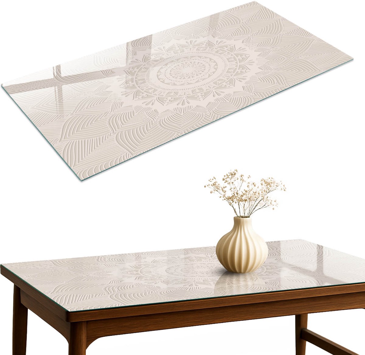 ArtPrintCave Beige mandala Glazen Tafelblad 120x60 cm - Tafelblad Rechthoek - Beige Bureaublad - Abstractie Glazen Eettafel