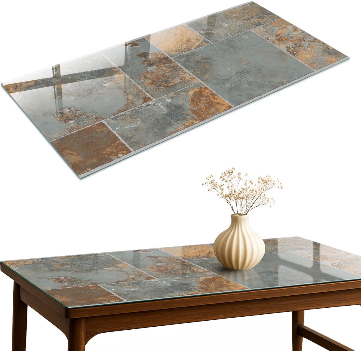 ArtPrintCave Rustieke tegels Glazen Tafelblad 120x60 cm - Tafelblad Rechthoek - Grijs Keukentafel - Texturen Eettafel Met Glasplaat