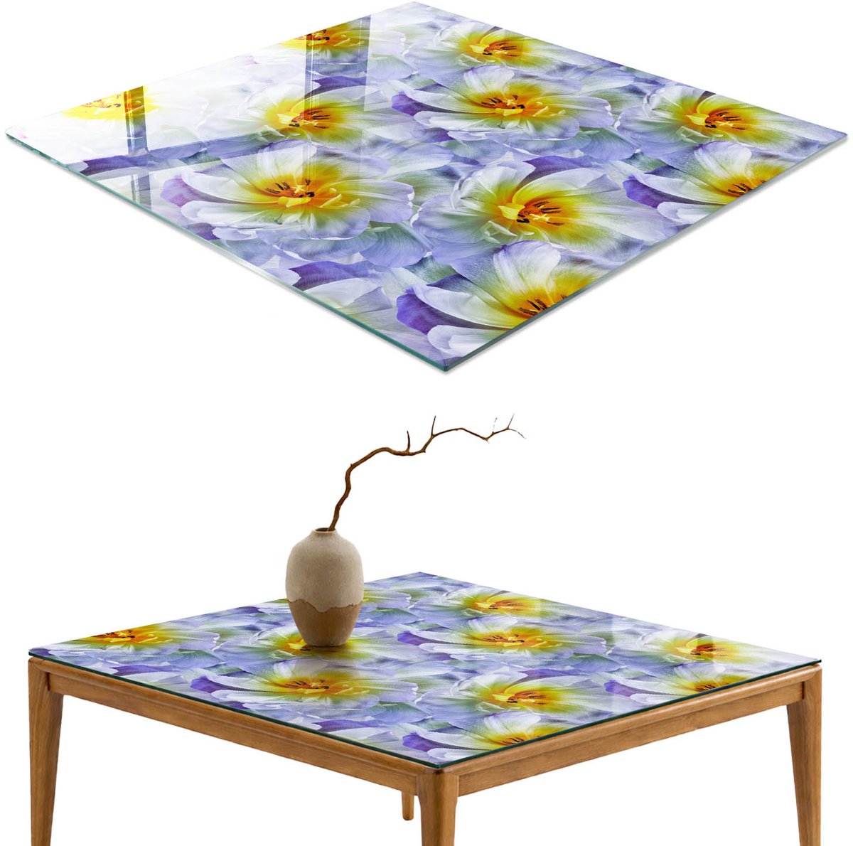 ArtPrintCave Bloemenpatroon Glazen Tafelblad 60x60 cm - Tafelblad Rechthoek - Paars Keukentafel - Bloemen en planten Keukentafel