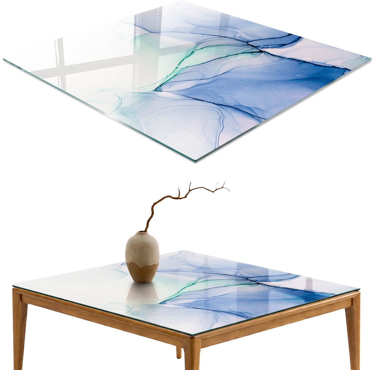 ArtPrintCave Kleurrijke golven Glazen Tafelblad - 50x50 cm - Tafelblad Vierkanten - Blauw Bureaublad - Abstractie Eettafel Met Glasplaat